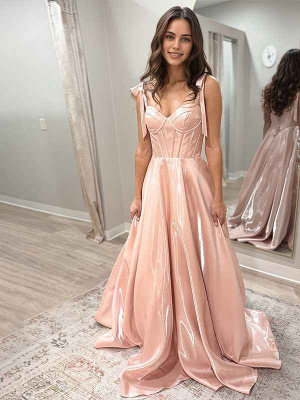 Blush Pink A Line Satin Corset Prom Dress with Bow Straps