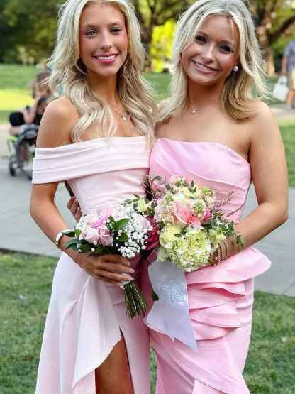 Blush Pink Off-the-Shoulder Crepe Prom Dress with Ruffled High Slit