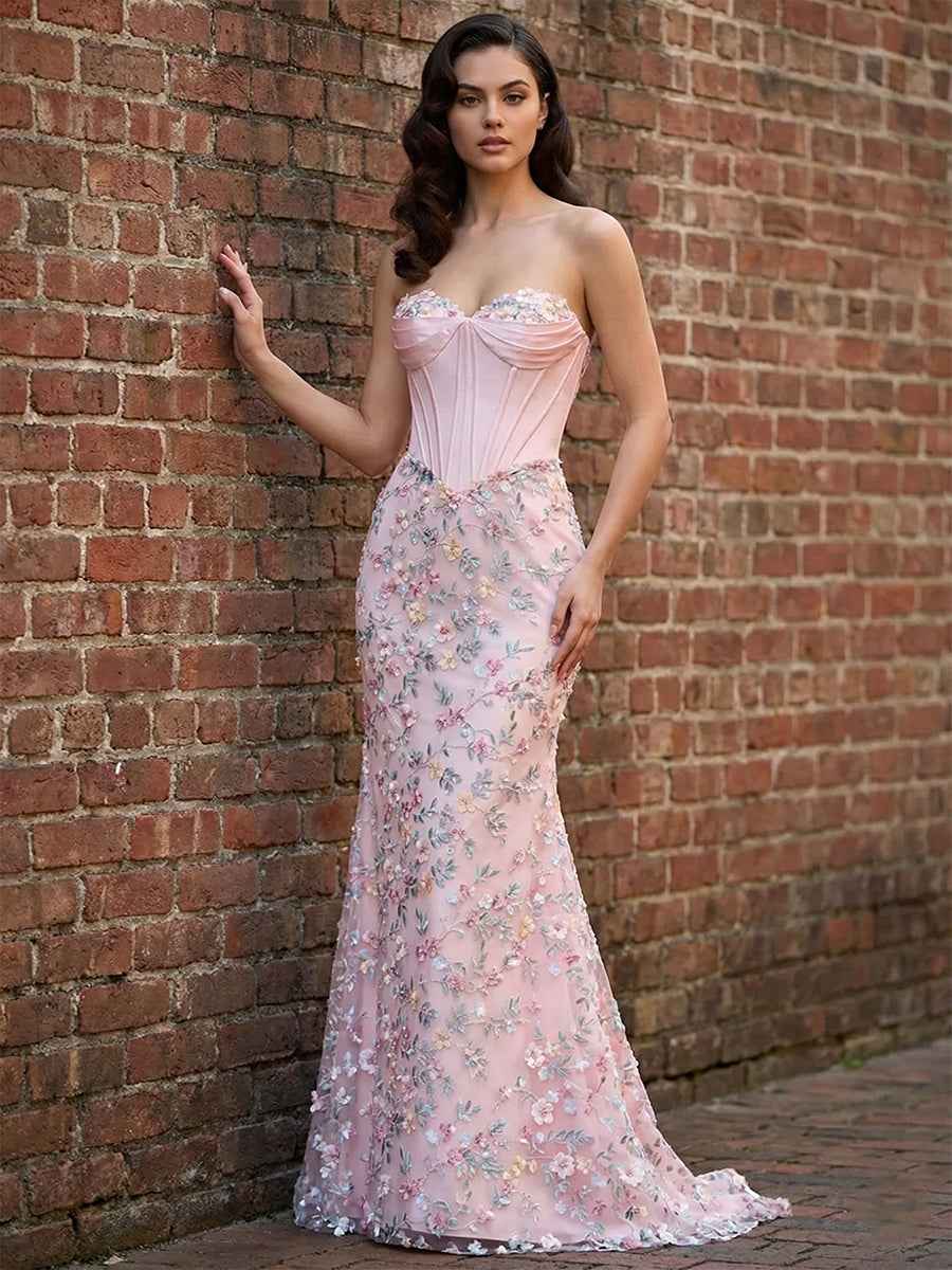 Blush Pink Prom Dress with Enchanted Floral 3D Applique| Corset