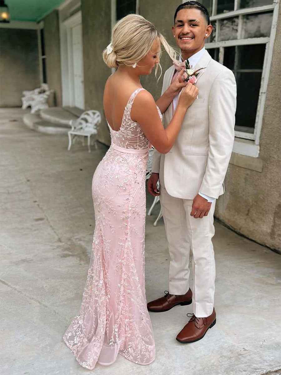 Blush Pink Square Neck Sequin Prom Dress with Satin Bow Belt