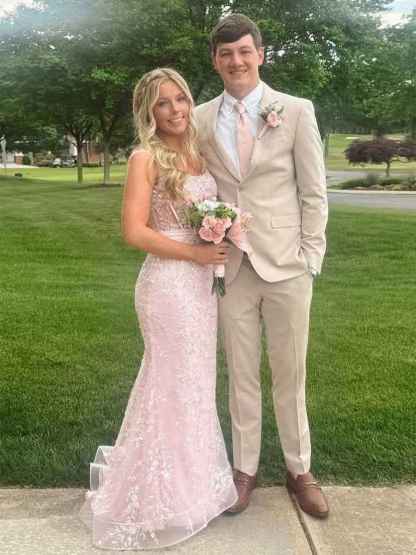 Blush Pink Square Neck Sequin Prom Dress with Satin Bow Belt