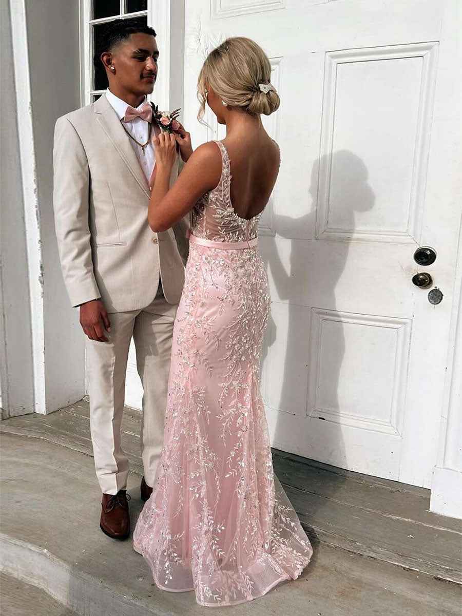 Blush Pink Square Neck Sequin Prom Dress with Satin Bow Belt