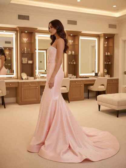 Blush Pink Strapless Pearl Beading Mermaid Prom Dress with Bow Belt