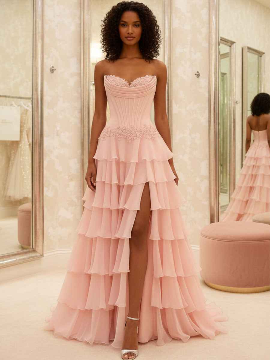 Blush Pink Strapless Tiered Ruffle Long Prom Dress
