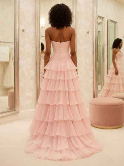 Blush Pink Strapless Tiered Ruffle Long Prom Dress