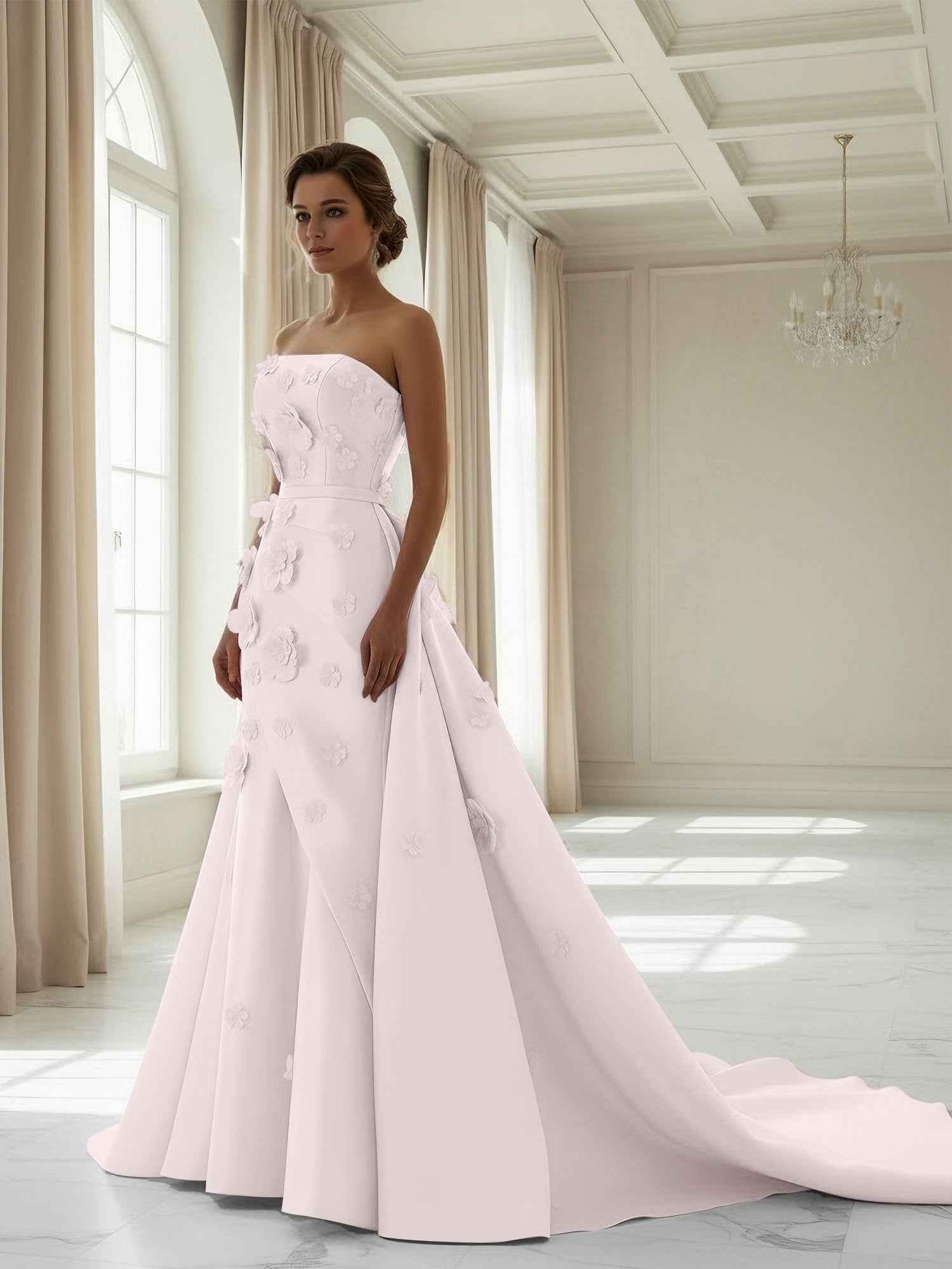 Pink A Line Satin Strapless Prom Dress with 3D Floral Appliques