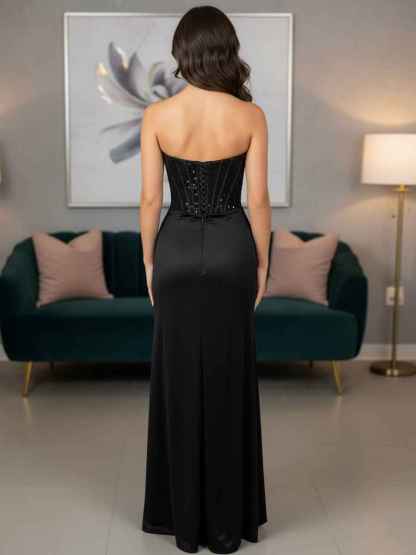 Bodycon Scoop Neck Satin Long Prom Dress with Slit