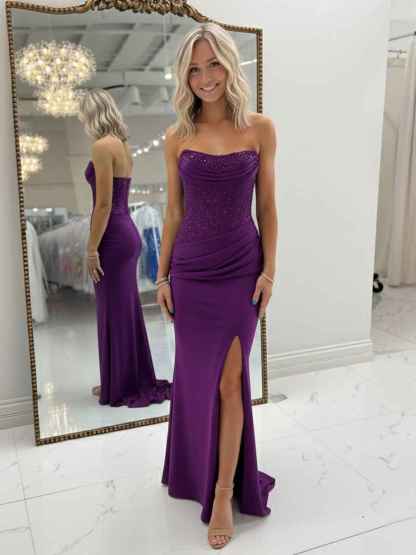 Bodycon Scoop Neck Satin Long Prom Dress with Slit