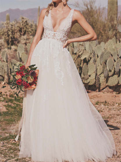 Floor-length V-Neck Princess A-Line Wedding Dress