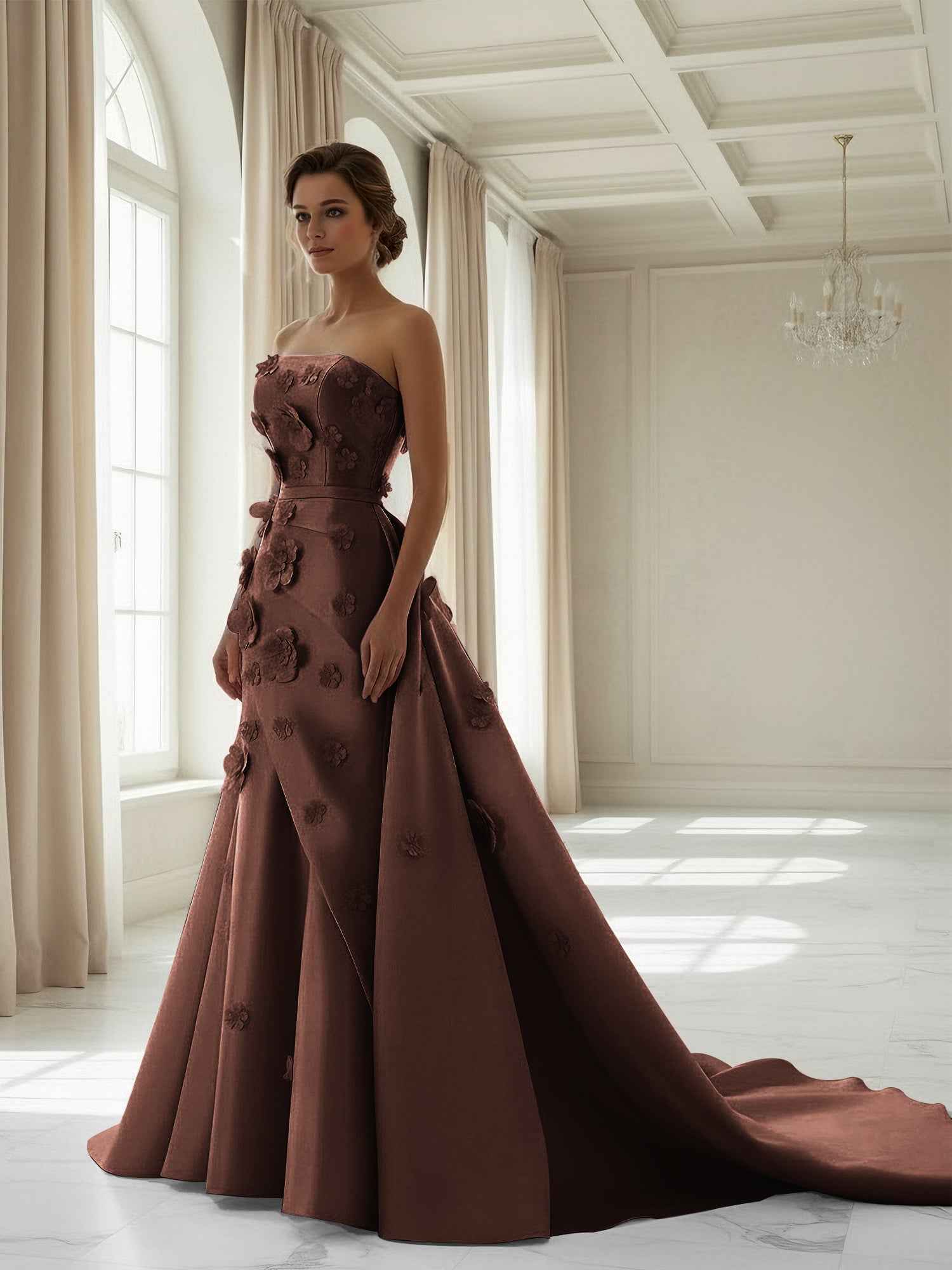 Pink A Line Satin Strapless Prom Dress with 3D Floral Appliques