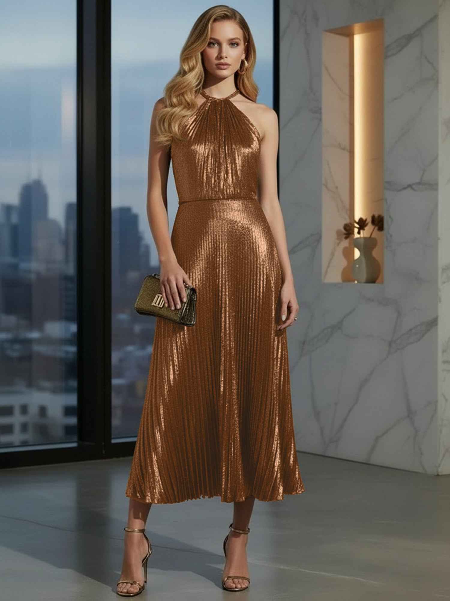 Luxurious Champagne-Gold Pleated Halter Midi Prom Dress