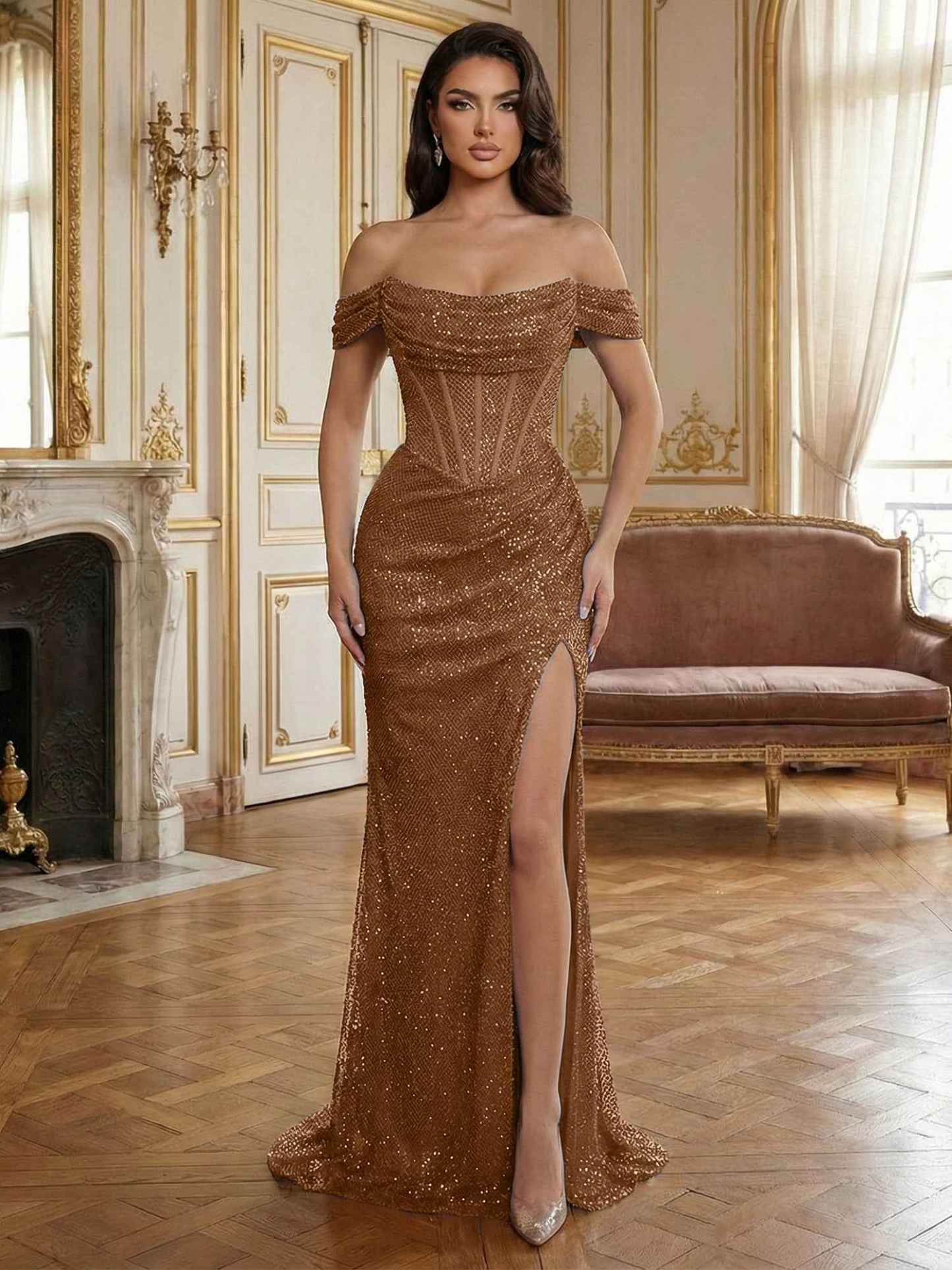 Sequin Off-the-Shoulder Corset Bodice Long Prom Dress with Slit
