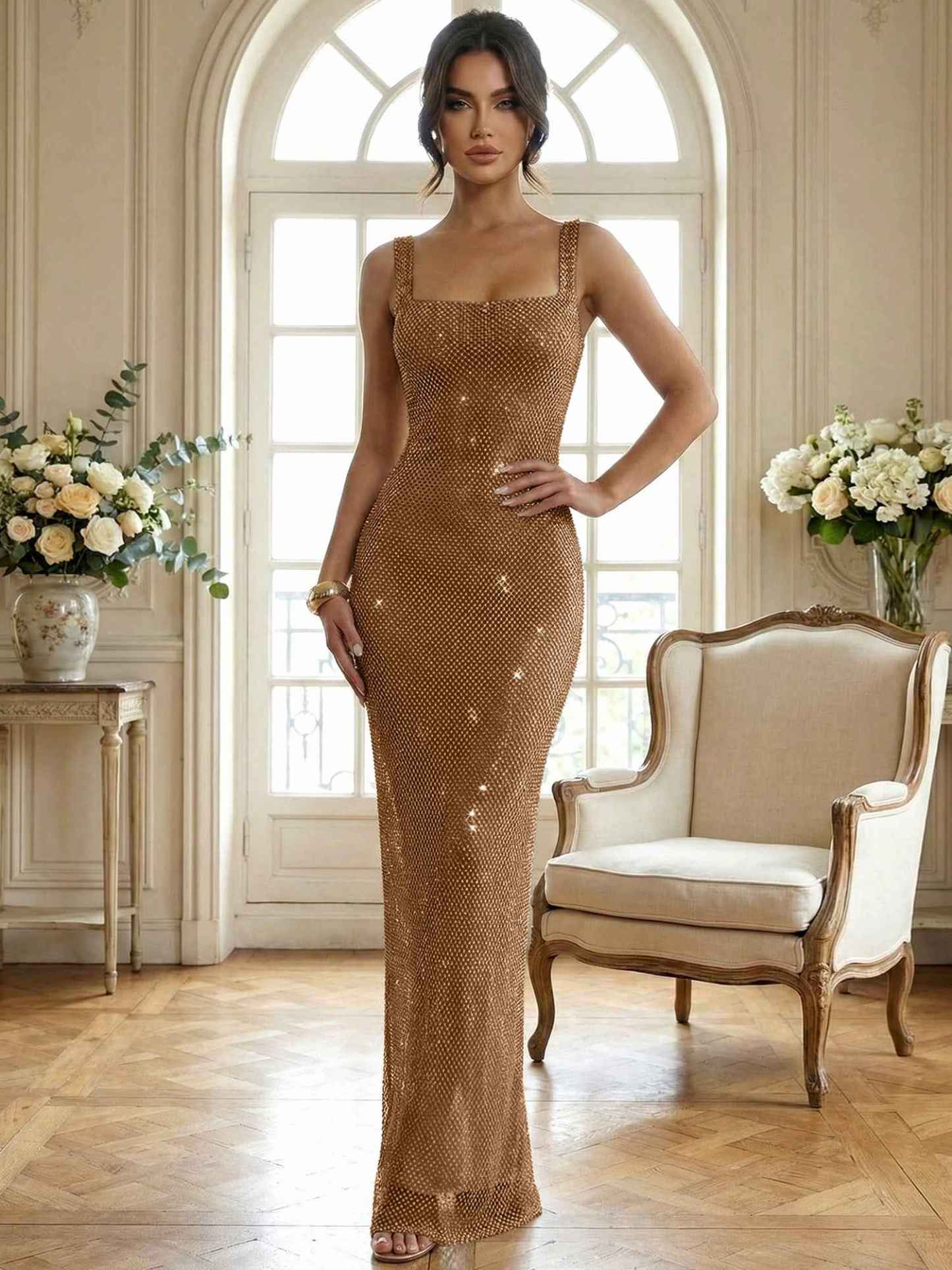Sparkly Champagne Crystal Mesh Square Neck Long Prom Dress