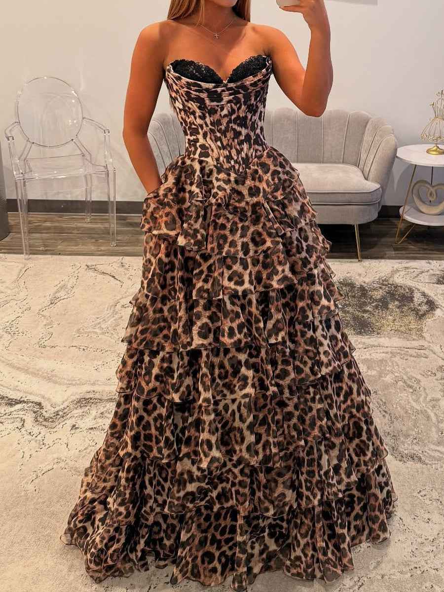 Brown Leopard Print Tiered Ruffle Long Prom Dress