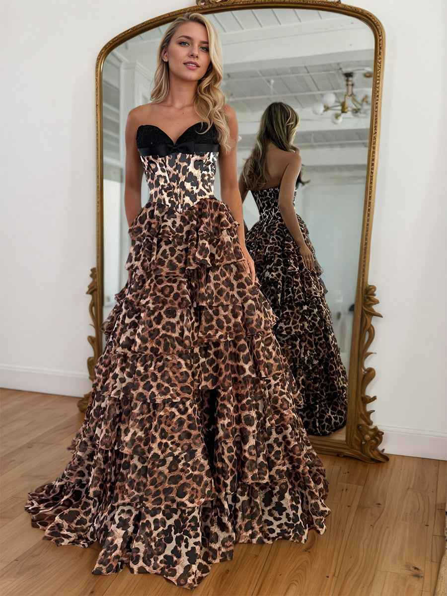Brown Leopard Print Strapless Tiered Ruffles Long Prom Dress
