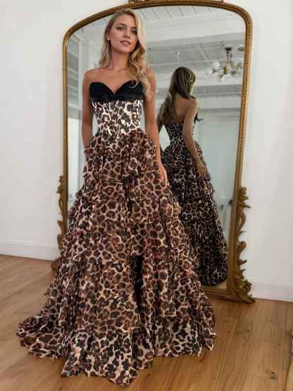 Brown Leopard Print Strapless Tiered Ruffles Long Prom Dress
