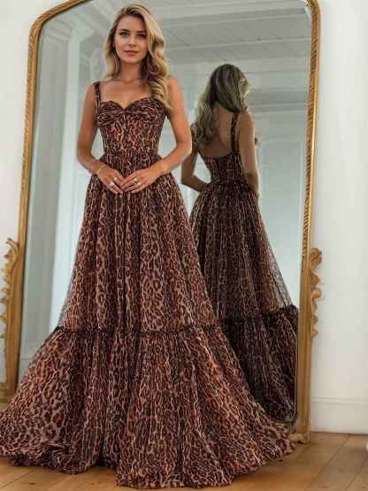 Brown Leopard Print Strappy Flowing Tiered Prom Dress