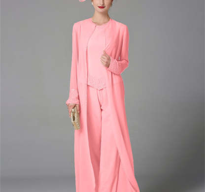 Long-Sleeve Chiffon Pantsuit with Jacket and Sequins for the Mother of the Bride