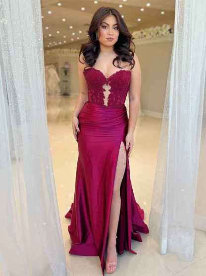 Burgundy Mermaid Sweetheart Applique Ruched Prom Dress with Slit