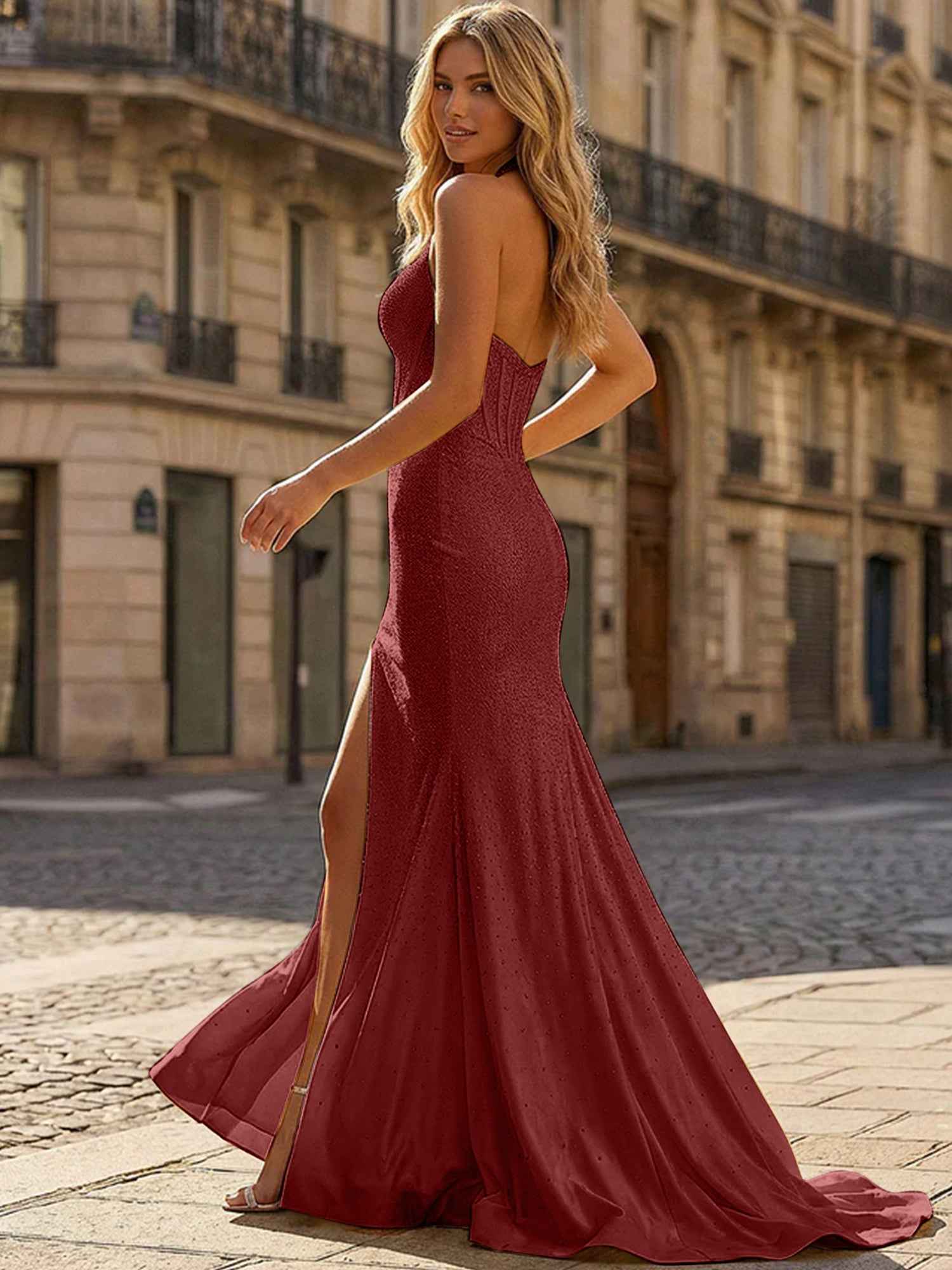 Yellow Beaded Halter Corset Prom Dress with High Slit