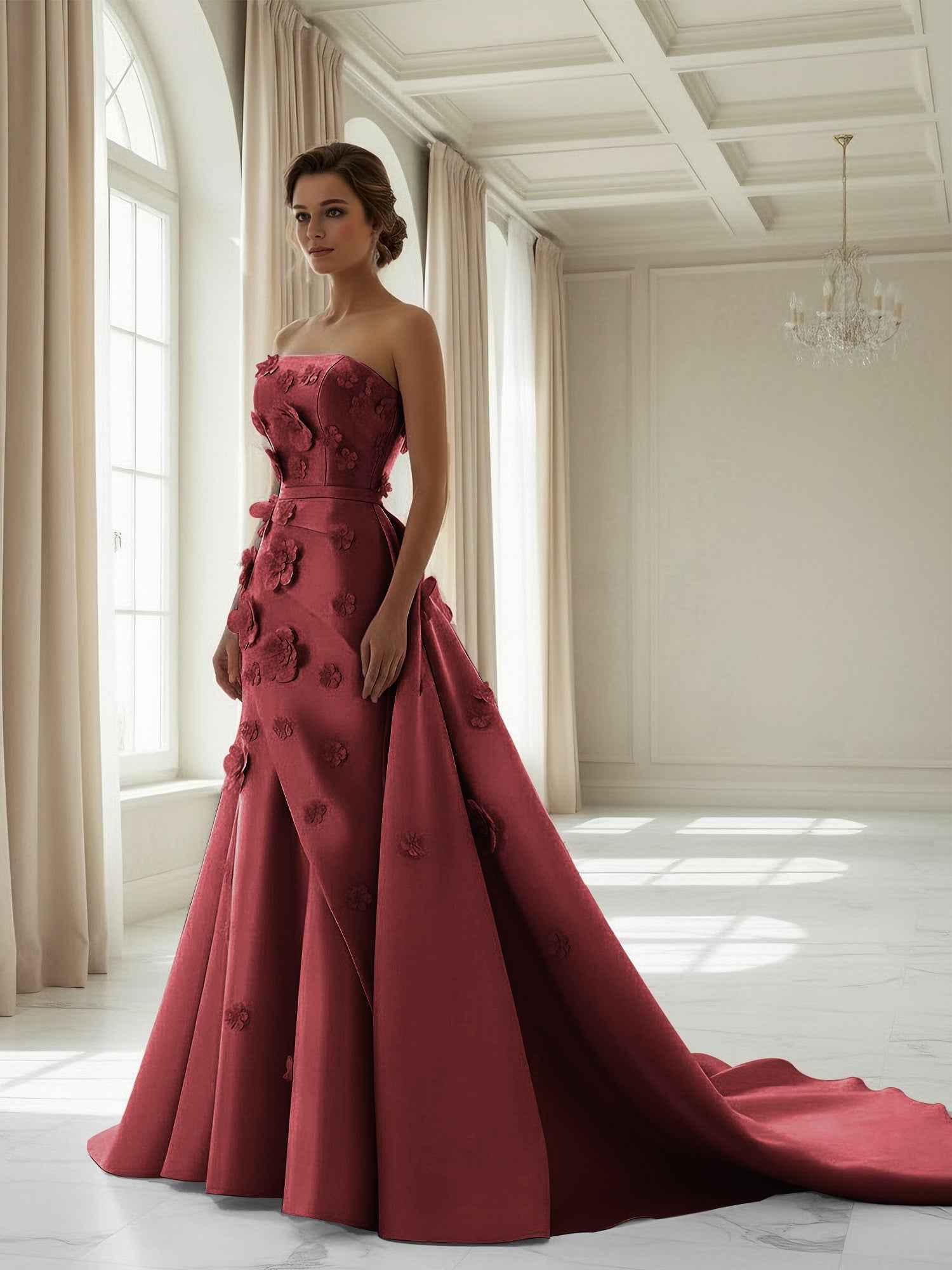 Pink A Line Satin Strapless Prom Dress with 3D Floral Appliques