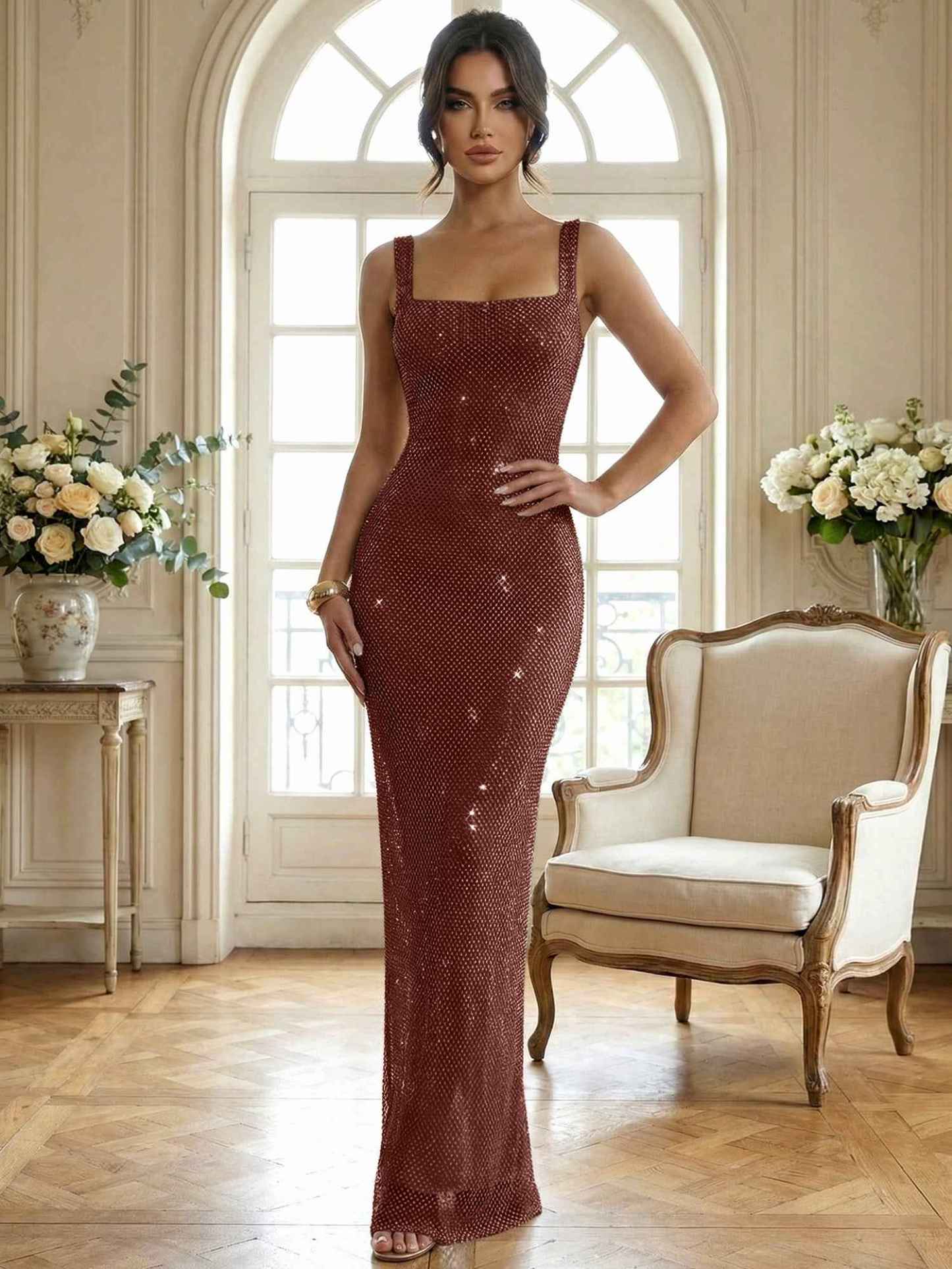Sparkly Champagne Crystal Mesh Square Neck Long Prom Dress