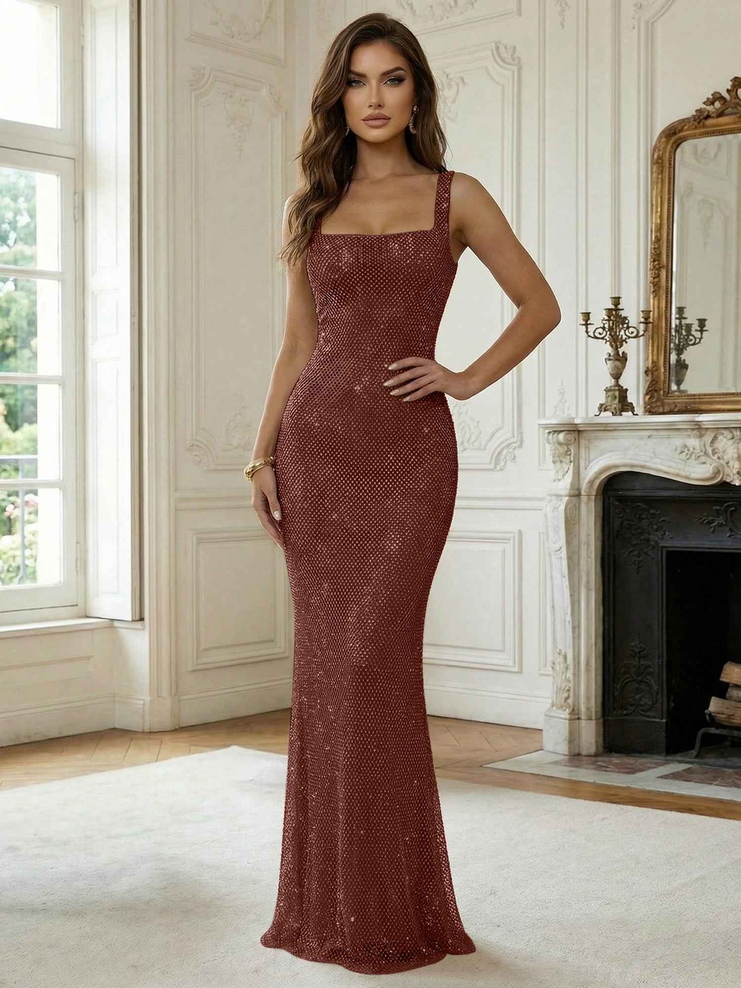 Crystal-Embellished Mermaid Long Prom Dress with Square Neckline