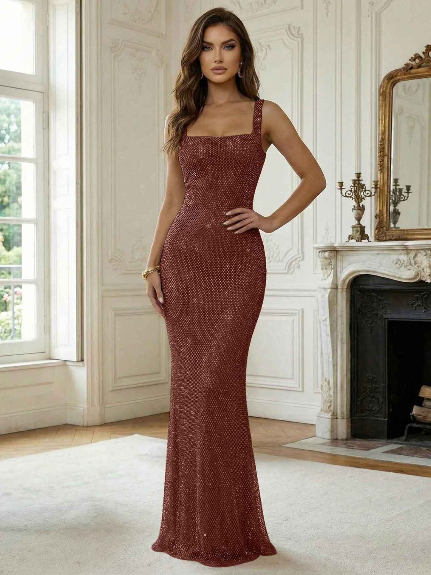 Crystal-Embellished Mermaid Long Prom Dress with Square Neckline