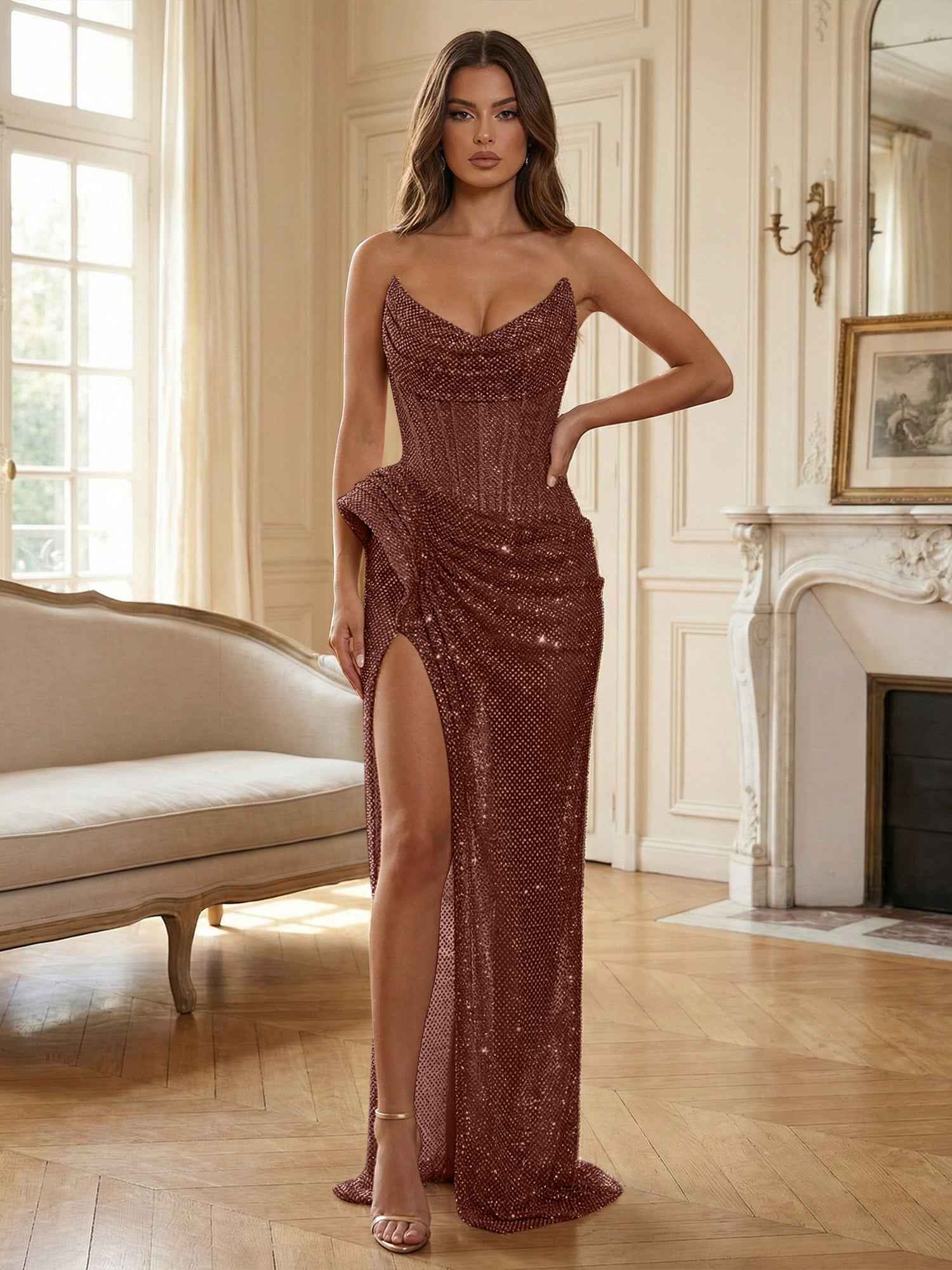 Champagne Gold Crystal-Embellished Corset Long Prom Dress with Slit