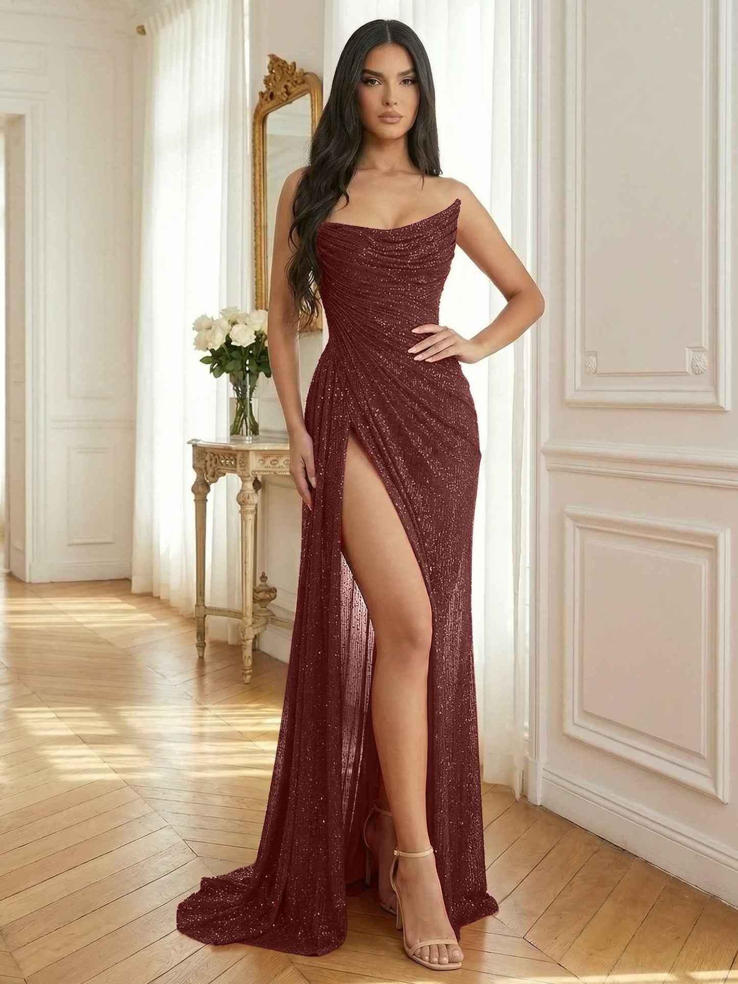 Red Sequin Strapless Ruched Long Prom Dress with High Slit