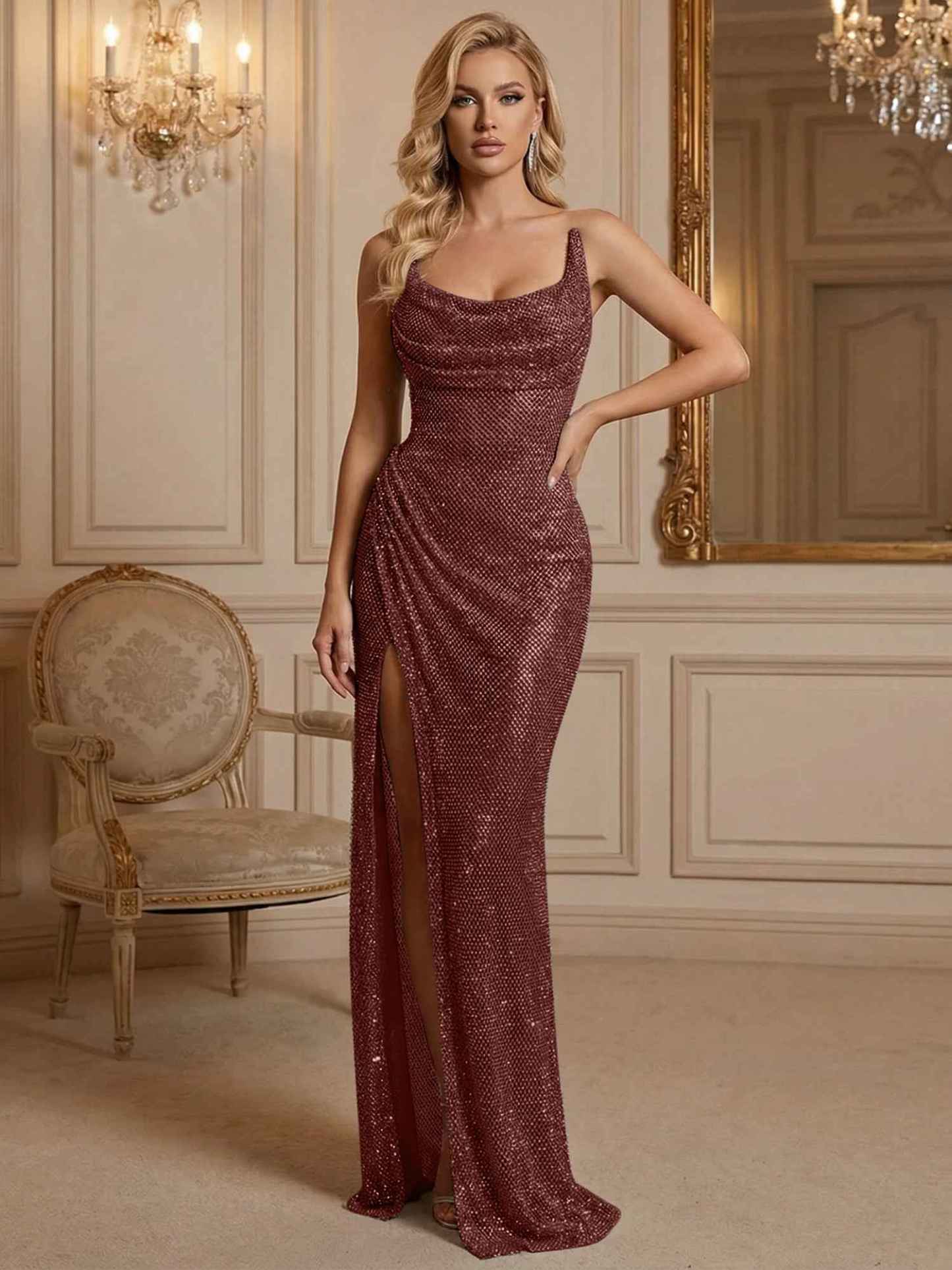 Silver Sequin Cowl Neck Ruched Long Prom Dress with High Slit