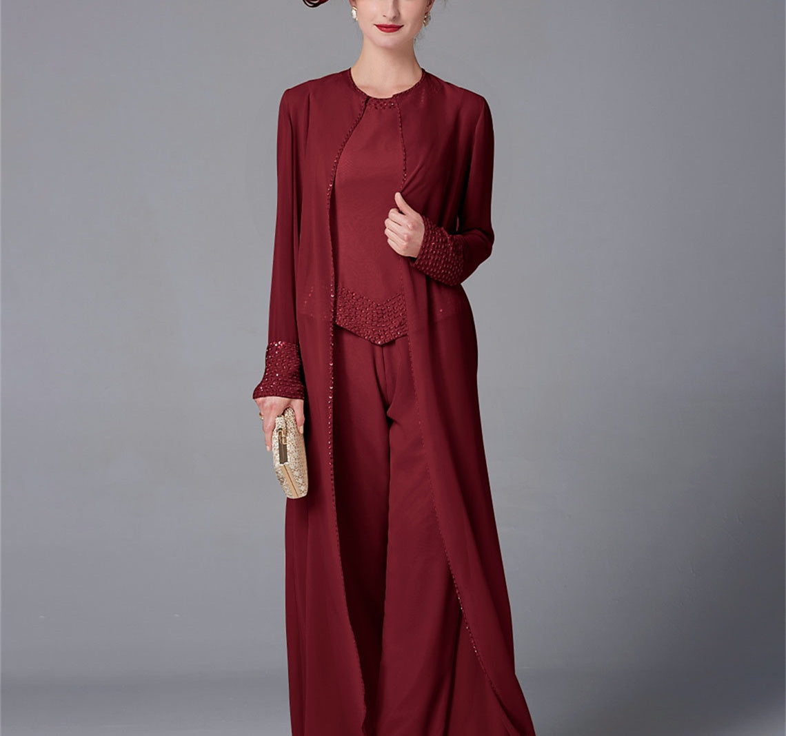Long-Sleeve Chiffon Pantsuit with Jacket and Sequins for the Mother of the Bride
