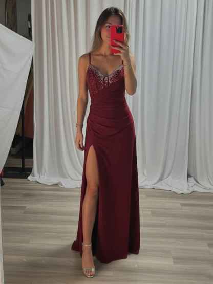 Beaded V Neck Corset Bodice Long Prom Dress with Slit