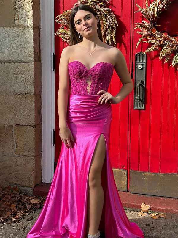 Burgundy Mermaid Sweetheart Applique Ruched Prom Dress with Slit