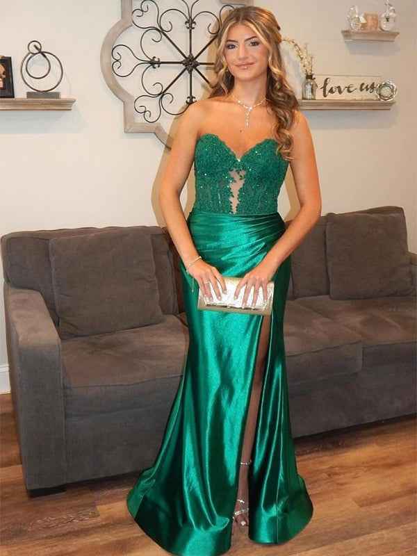 Burgundy Mermaid Sweetheart Applique Ruched Prom Dress with Slit