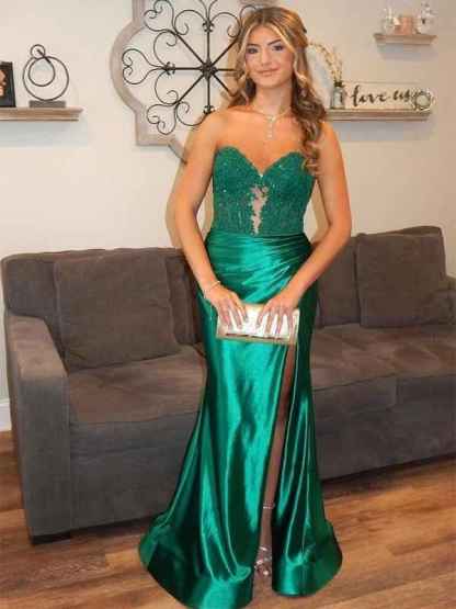 Burgundy Mermaid Sweetheart Applique Ruched Prom Dress with Slit