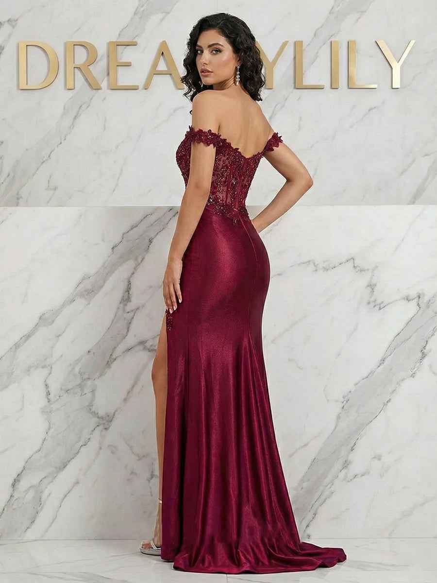 Burgundy Off-the-Shoulder Lace Corset Prom Dress with Slit