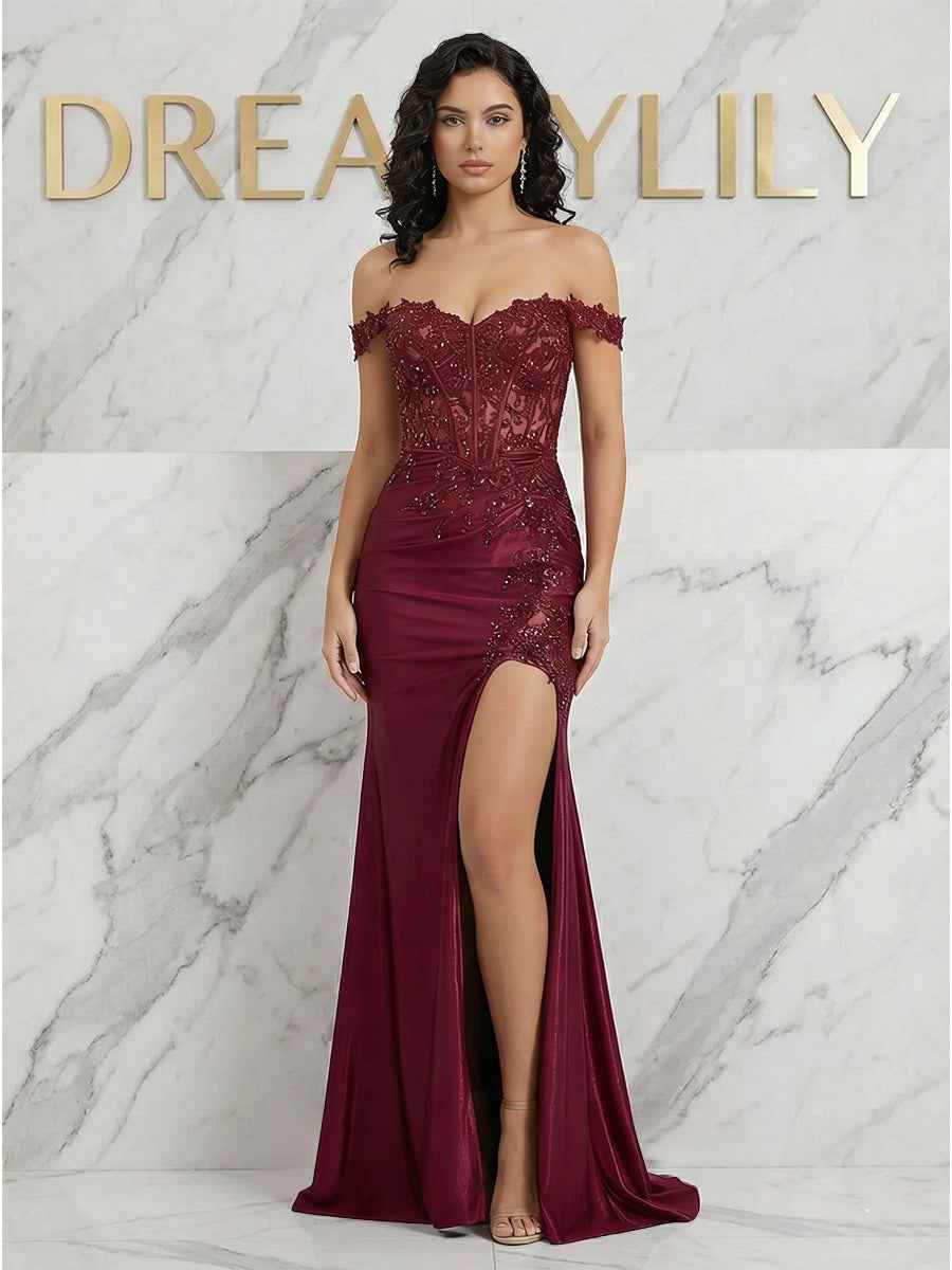 Burgundy Off-the-Shoulder Lace Corset Prom Dress with Slit