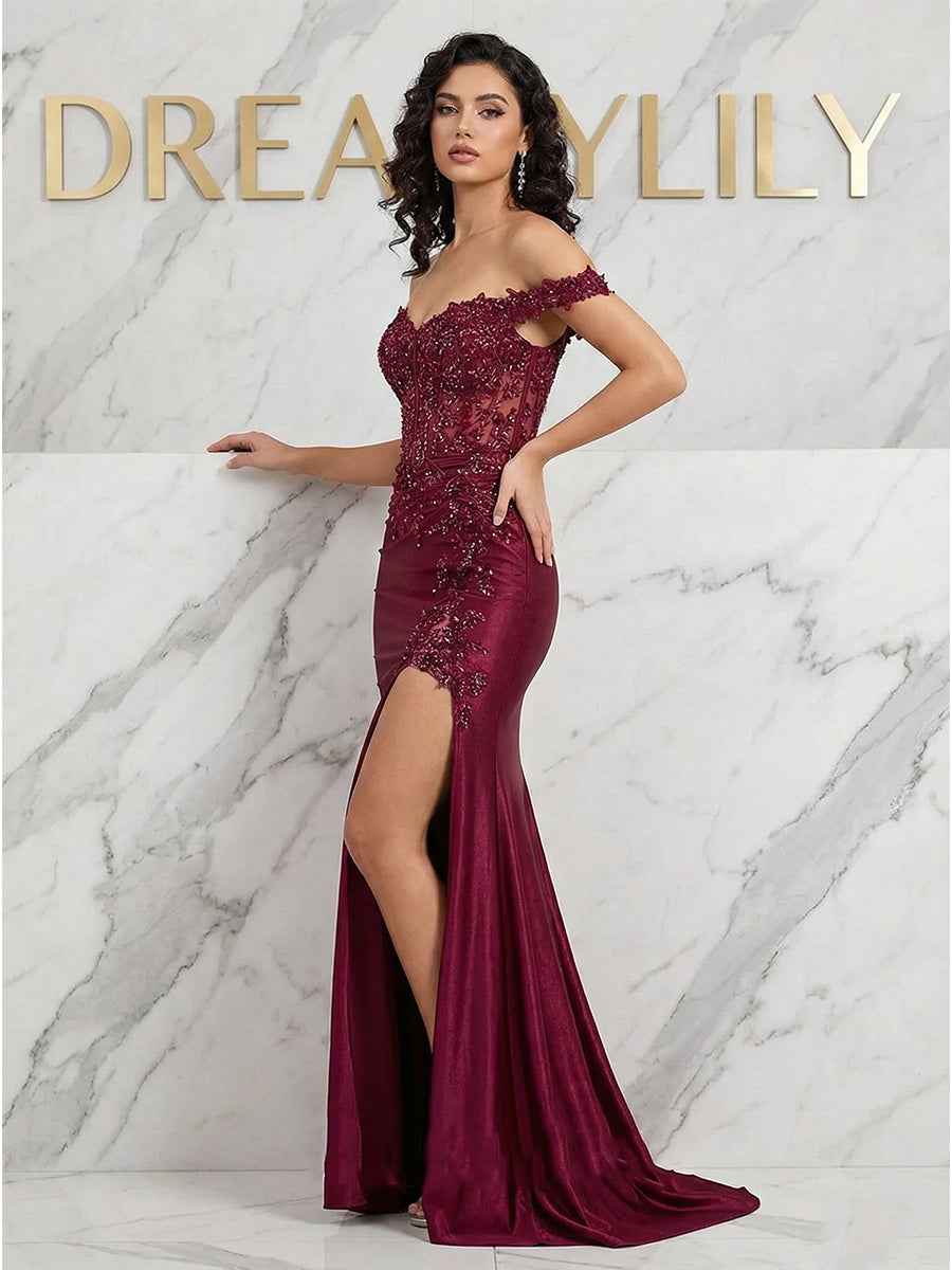 Burgundy Off-the-Shoulder Lace Corset Prom Dress with Slit