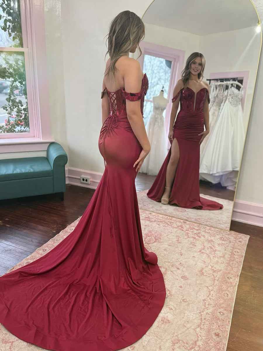 Burgundy Off-the-Shoulder Mermaid Prom Dress with Slit