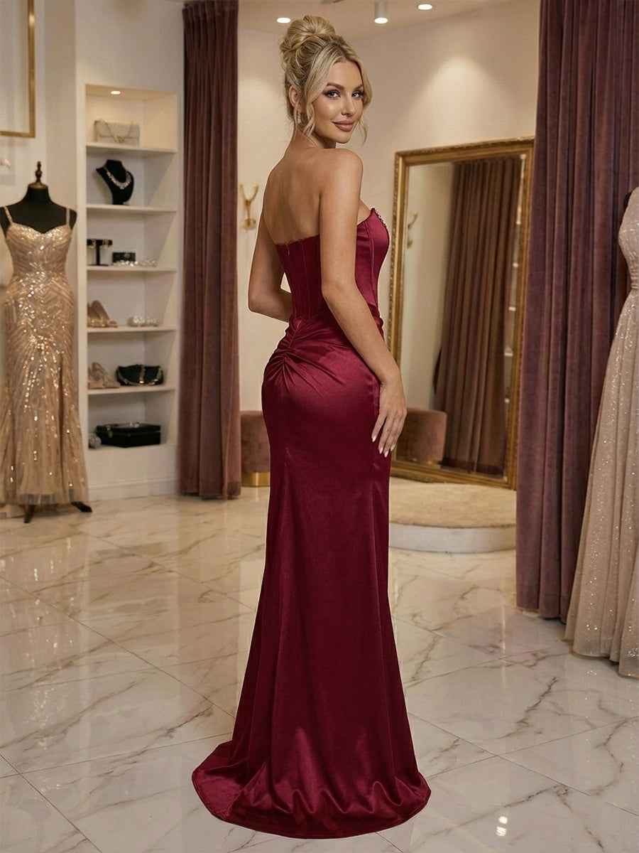 Burgundy Satin Corset Rhinestone Trim Floor-Length Prom Dress with Thigh Slit