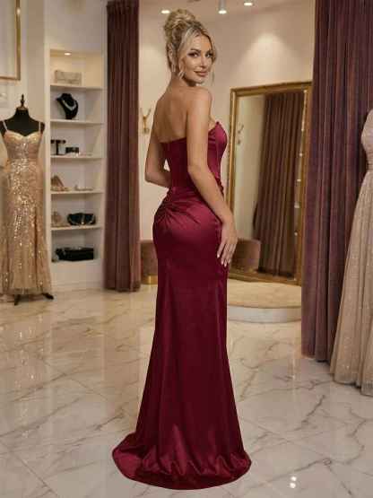Burgundy Satin Corset Rhinestone Trim Floor-Length Prom Dress with Thigh Slit