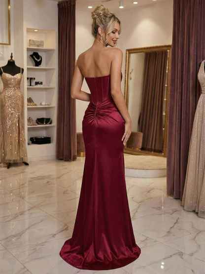 Burgundy Satin Corset Rhinestone Trim Floor-Length Prom Dress with Thigh Slit
