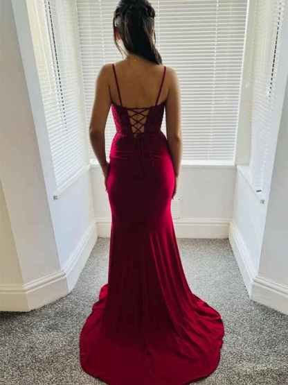 Burgundy Spaghetti Strap Floral Lace Bodice Prom Dress with Slit