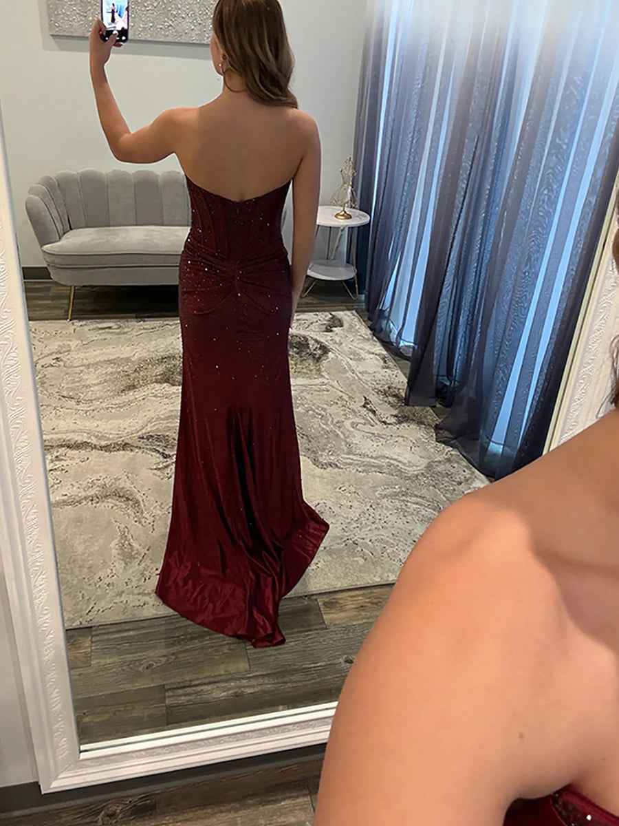 Burgundy Sparkly Cowl Neckline Corset Prom Dress with Slit