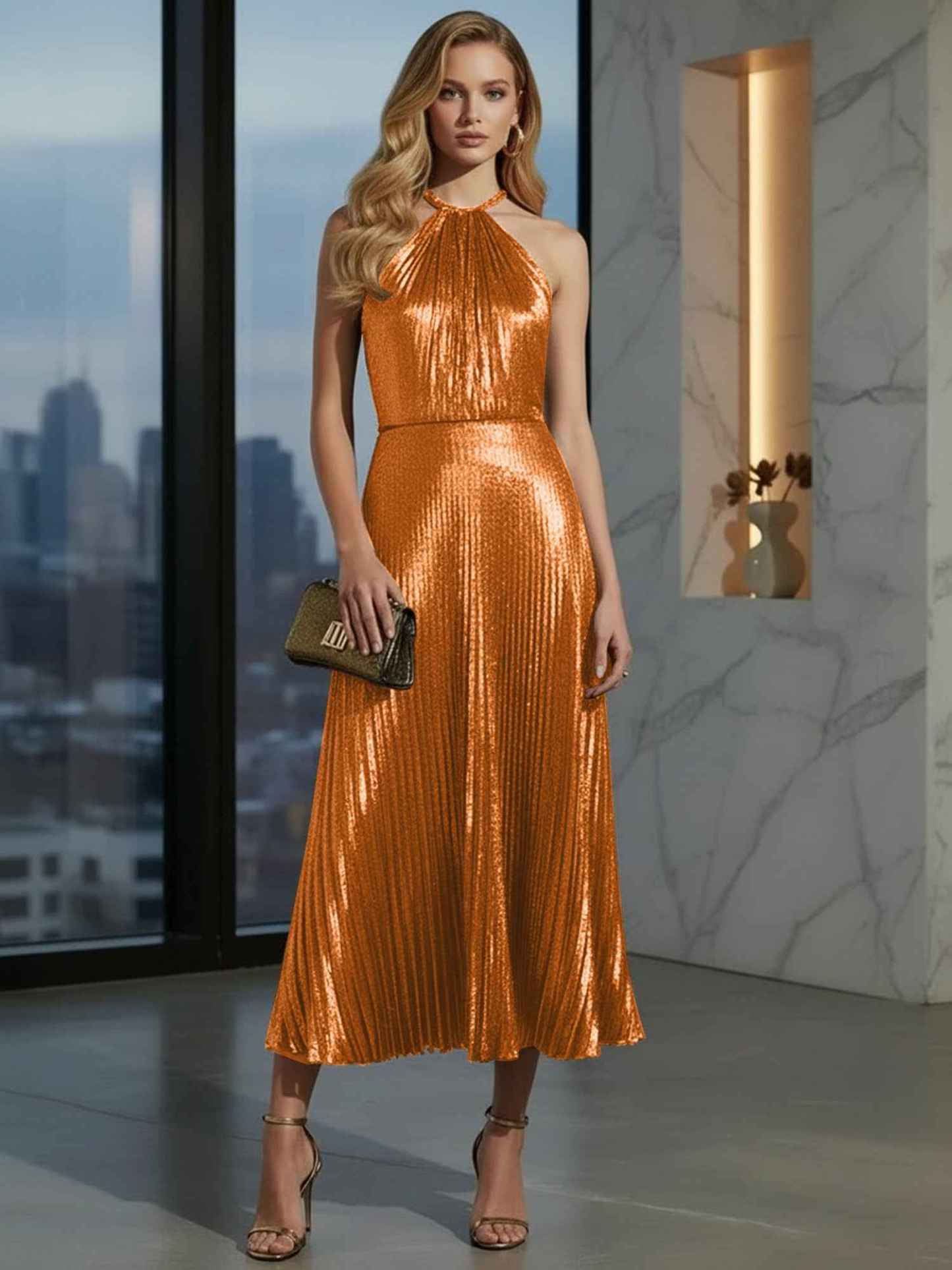 Luxurious Champagne-Gold Pleated Halter Midi Prom Dress