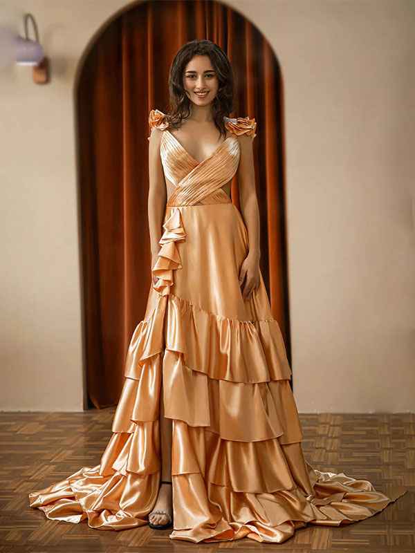 Red A Line V-Neck Ruffle Prom Dress with Slit