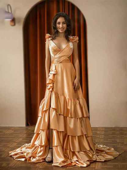 Red A Line V-Neck Ruffle Prom Dress with Slit