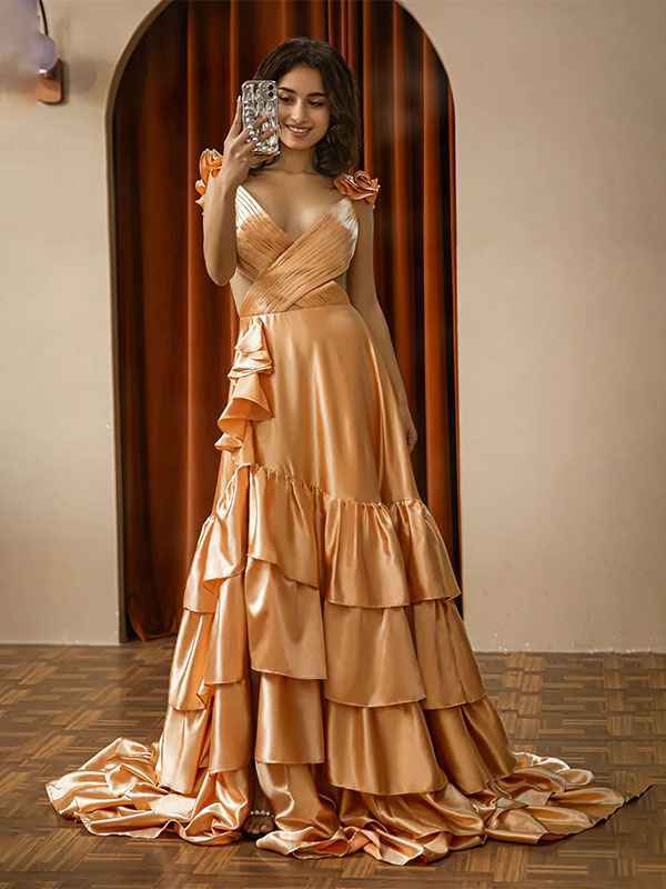 Red A Line V-Neck Ruffle Prom Dress with Slit