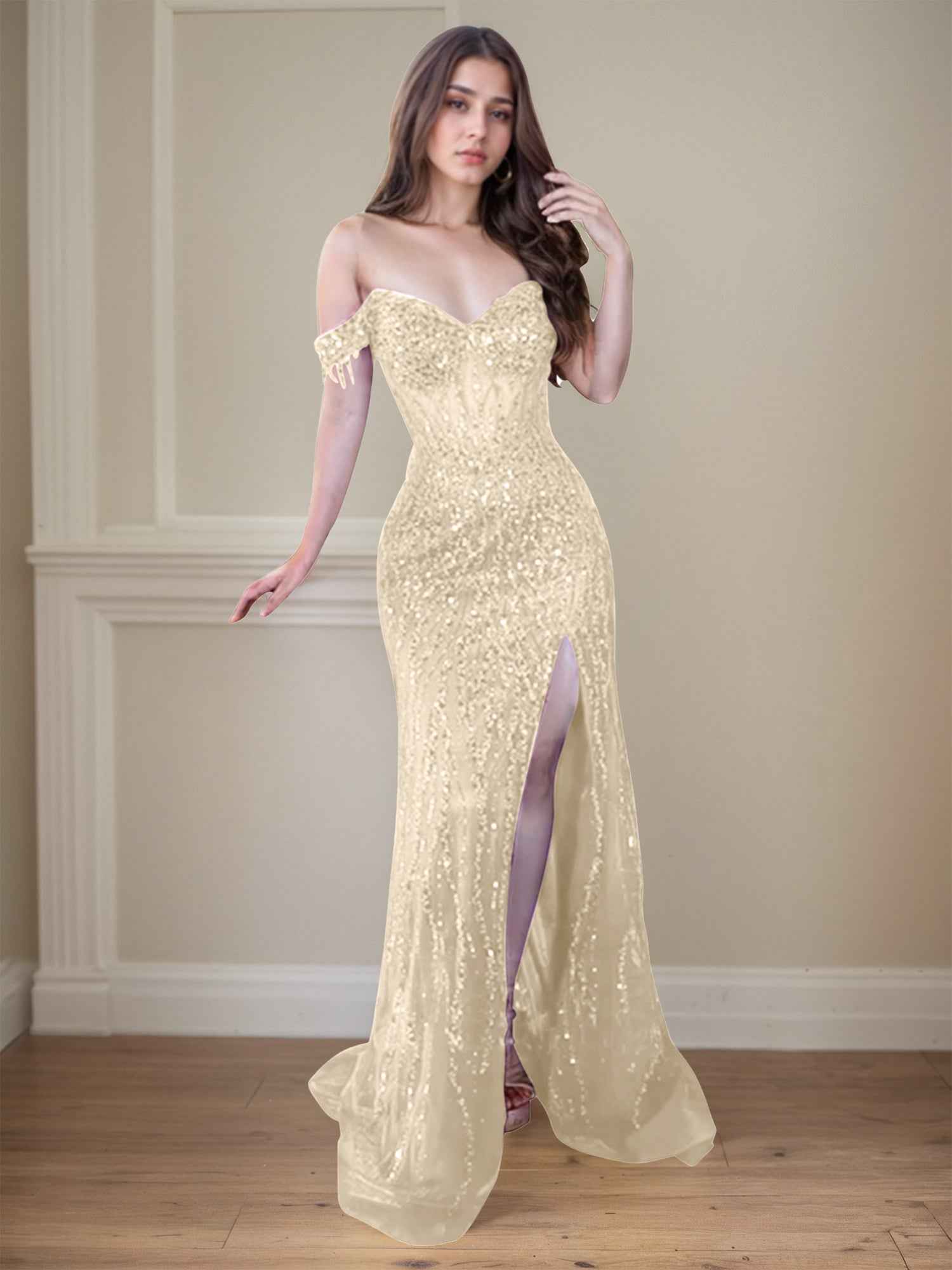 Red Off-the-Shoulder Beaded Tulle Long Prom Dress with Swirling Sequins